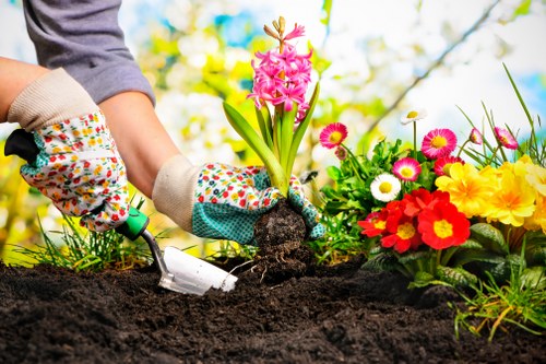 A gardener reviewing site access and service terms outdoors