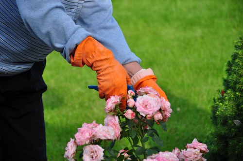 Small Wood Green garden design with paving and vertical greenery